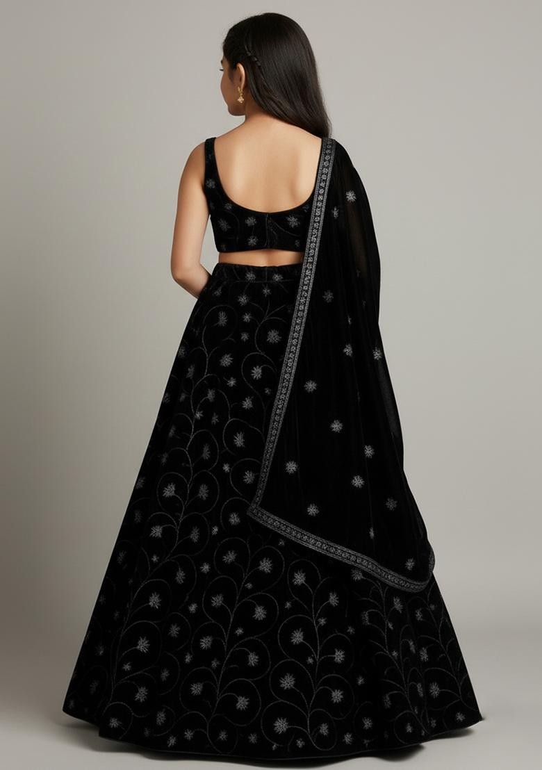 Girls Black Embroidered Organza Lehenga Set - Indya