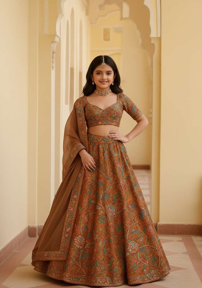 Girls Yellow Brocade Lehenga Set - Indya