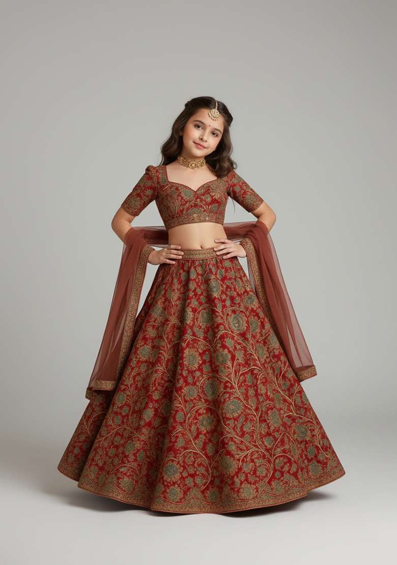 Girls Pink Brocade Lehenga Set - Indya