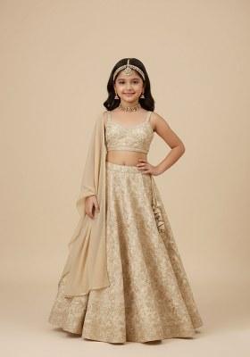 Girls Beige Brocade Lehenga Set