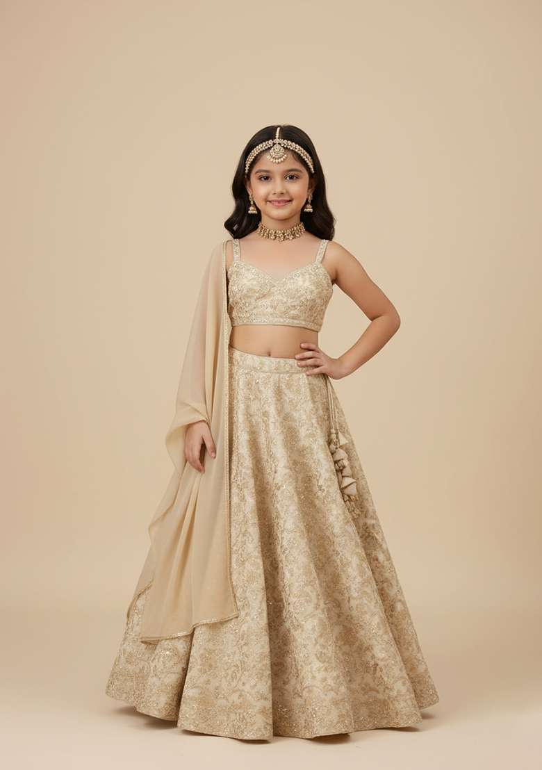 Girls Beige Brocade Lehenga Set - Indya