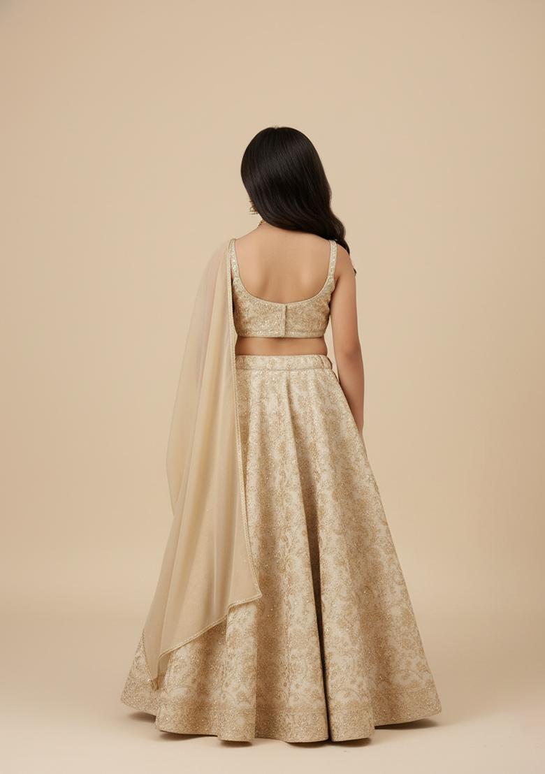 Girls Beige Brocade Lehenga Set - Indya