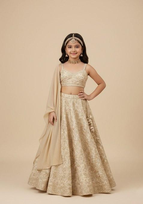 Girls Beige Brocade Lehenga Set
