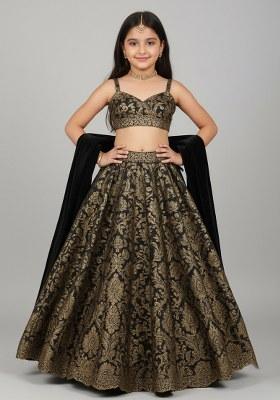 Girls Black Brocade Lehenga Set