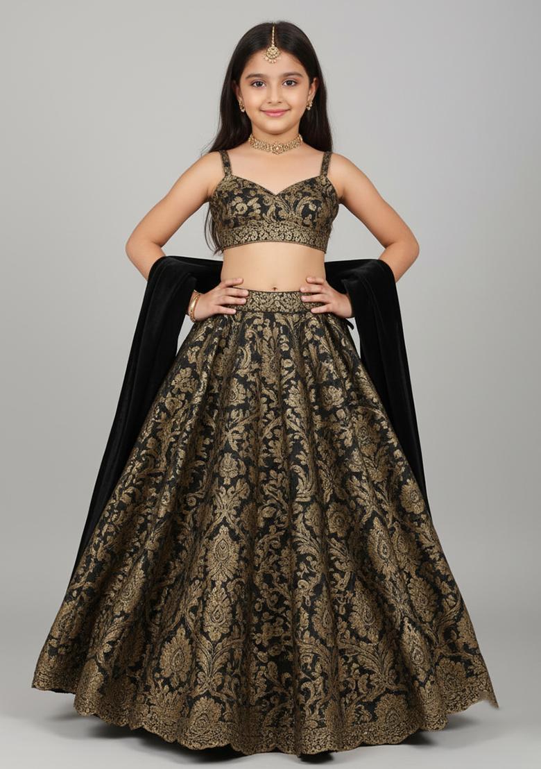 Girls Black Brocade Lehenga Set