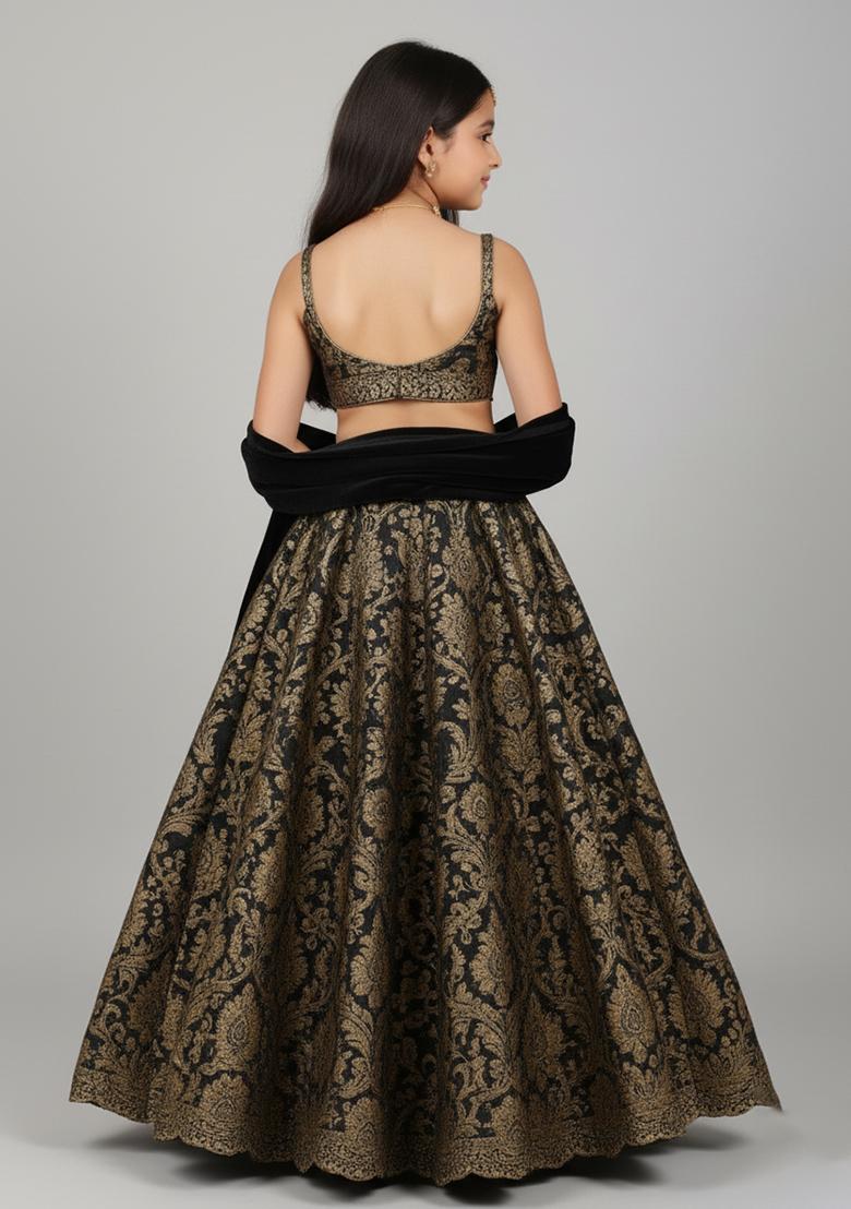 Girls Black Brocade Lehenga Set - Indya