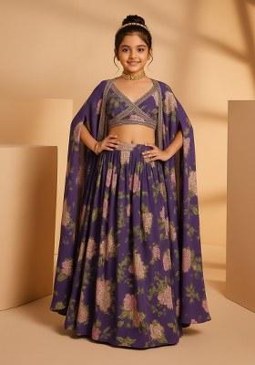 Girls Purple Floral Print Satin Georgette Lehenga Set