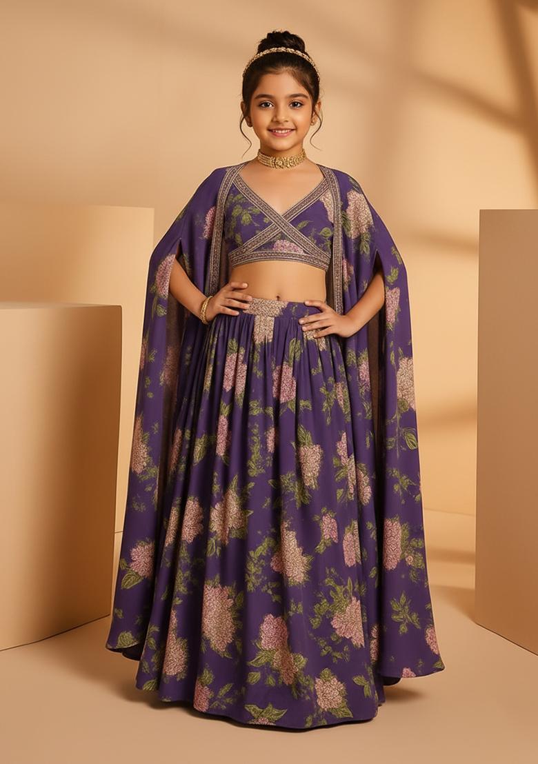 Girls Purple Floral Print Satin Georgette Lehenga Set