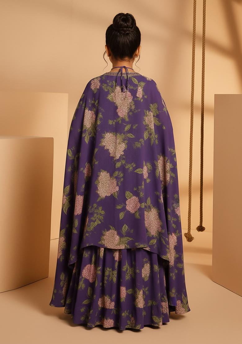 Girls Purple Floral Print Satin Georgette Lehenga Set - Indya