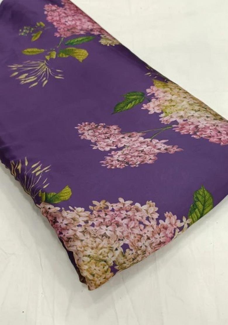 Girls Purple Floral Print Satin Georgette Lehenga Set - Indya