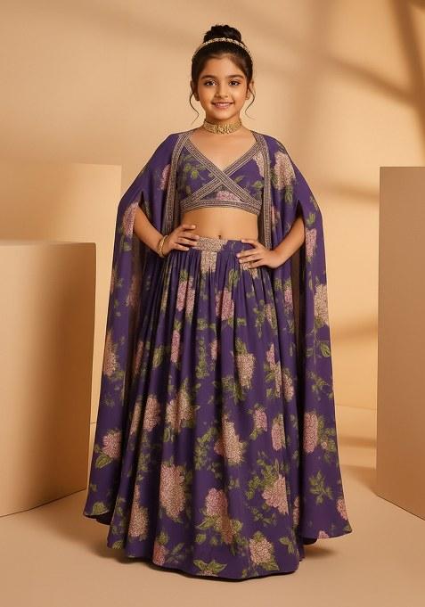 Girls Purple Floral Print Satin Georgette Lehenga Set