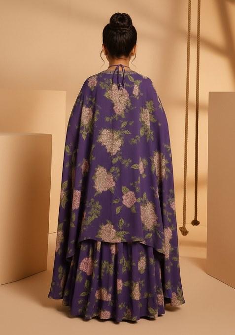 Girls Purple Floral Print Satin Georgette Lehenga Set