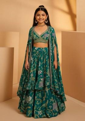 Girls Forest Green Floral Print Satin Georgette Lehenga Set