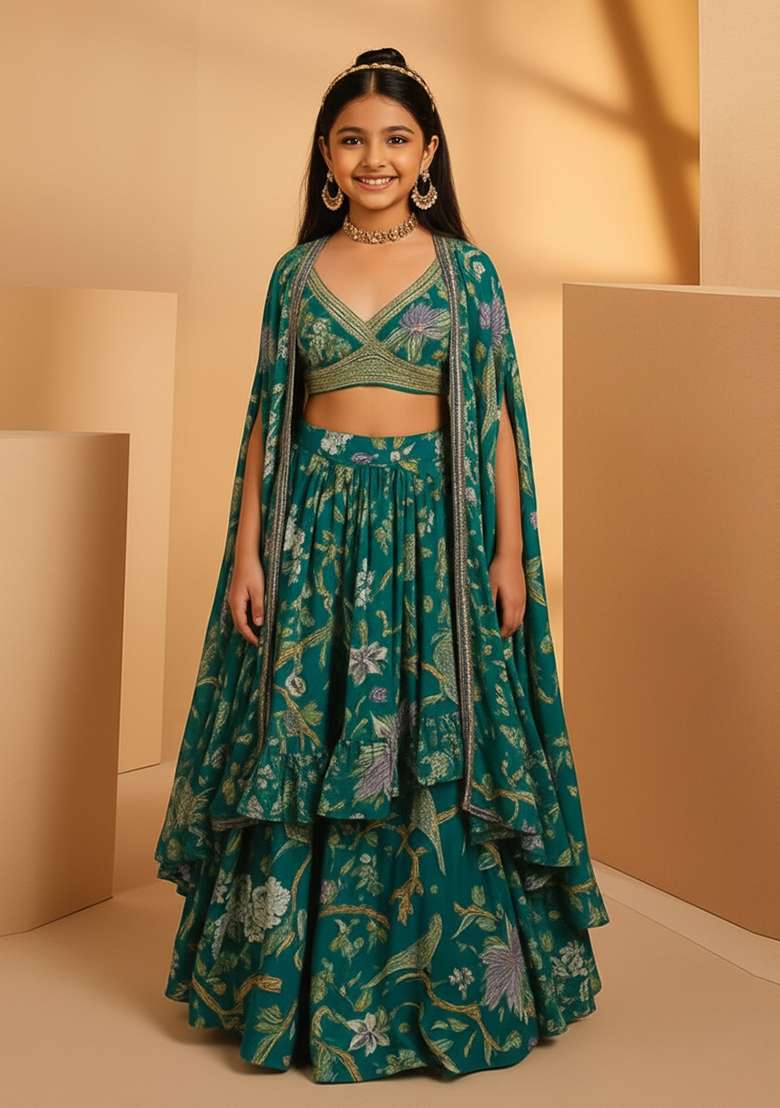 Girls Forest Green Floral Print Satin Georgette Lehenga Set - Indya