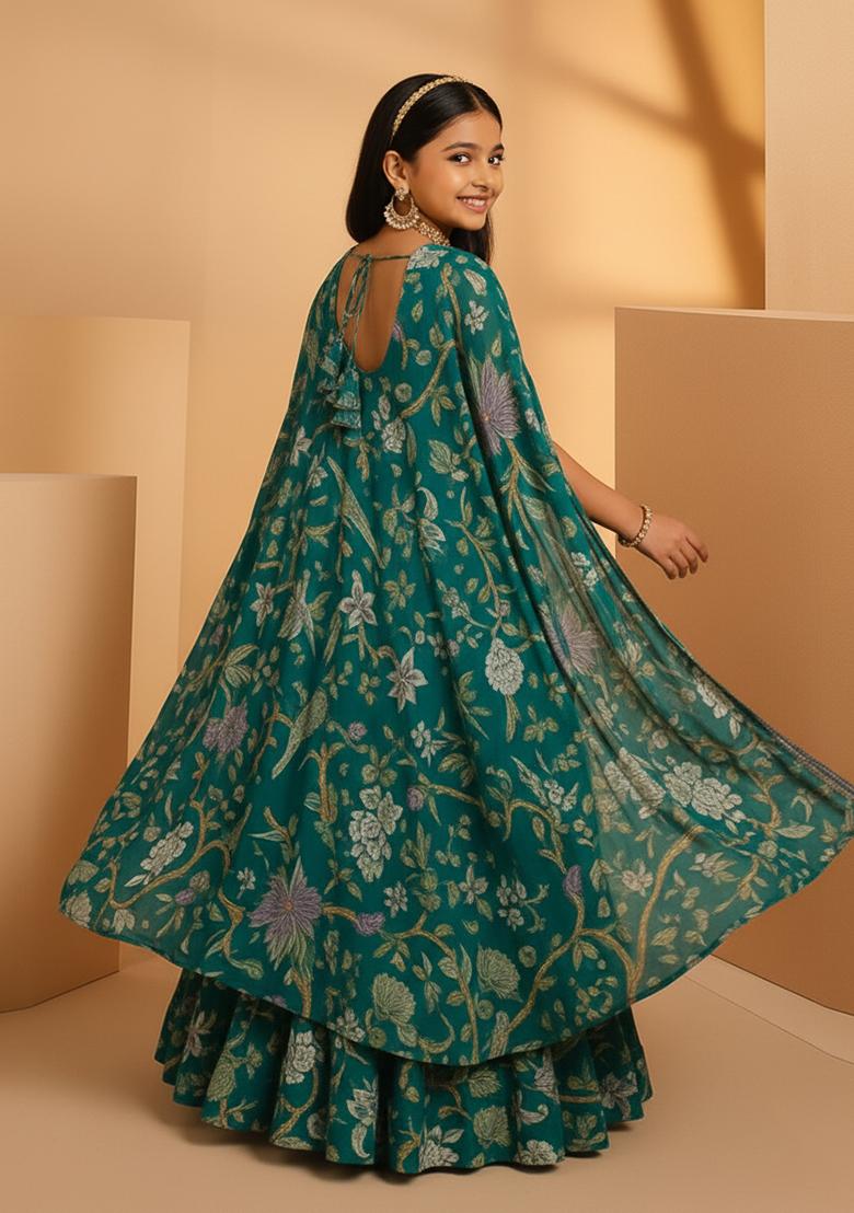 Girls Forest Green Floral Print Satin Georgette Lehenga Set - Indya