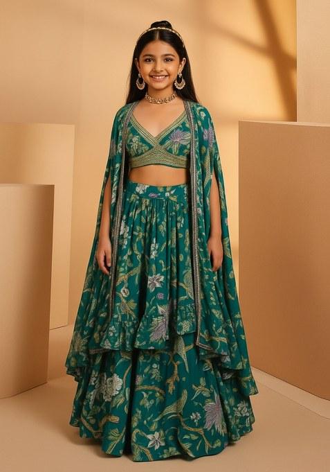 Girls Forest Green Floral Print Satin Georgette Lehenga Set