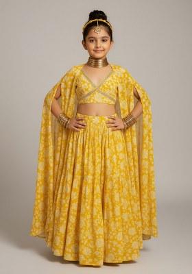 Girls Yellow Floral Print Satin Georgette Lehenga Set