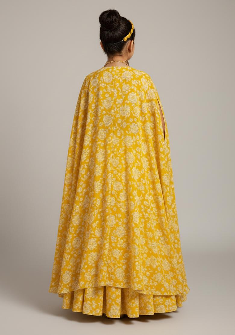 Girls Yellow Floral Print Satin Georgette Lehenga Set - Indya