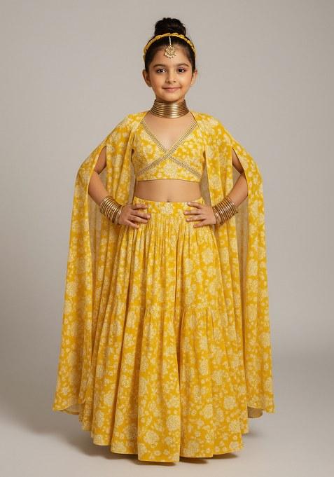 Girls Yellow Floral Print Satin Georgette Lehenga Set