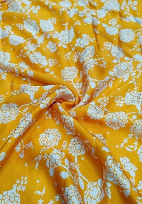 Girls Yellow Floral Print Satin Georgette Lehenga Set
