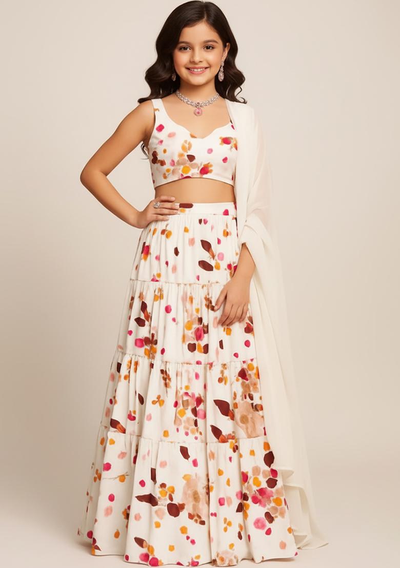 Girls Off White Floral Print Satin Lehenga Set