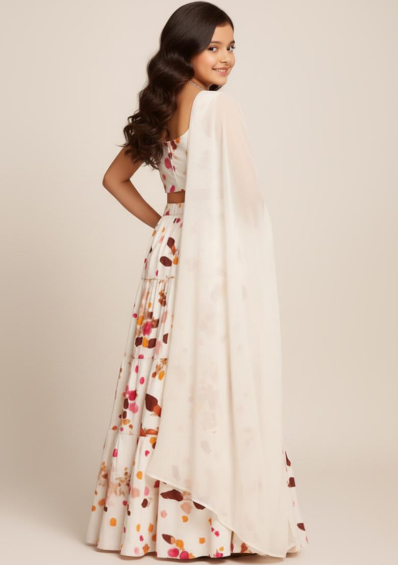 Girls Off White Floral Print Satin Lehenga Set - Indya