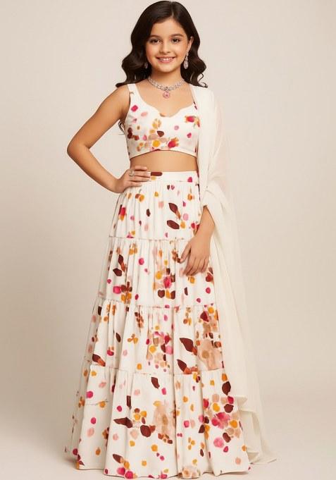 Girls Off White Floral Print Satin Lehenga Set