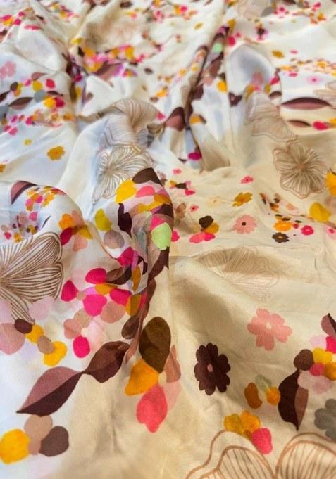 Girls Off White Floral Print Satin Lehenga Set