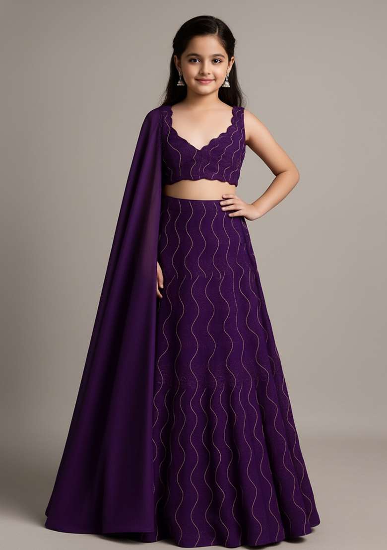 Girls Purple Embellished Organza Lehenga Set - Indya