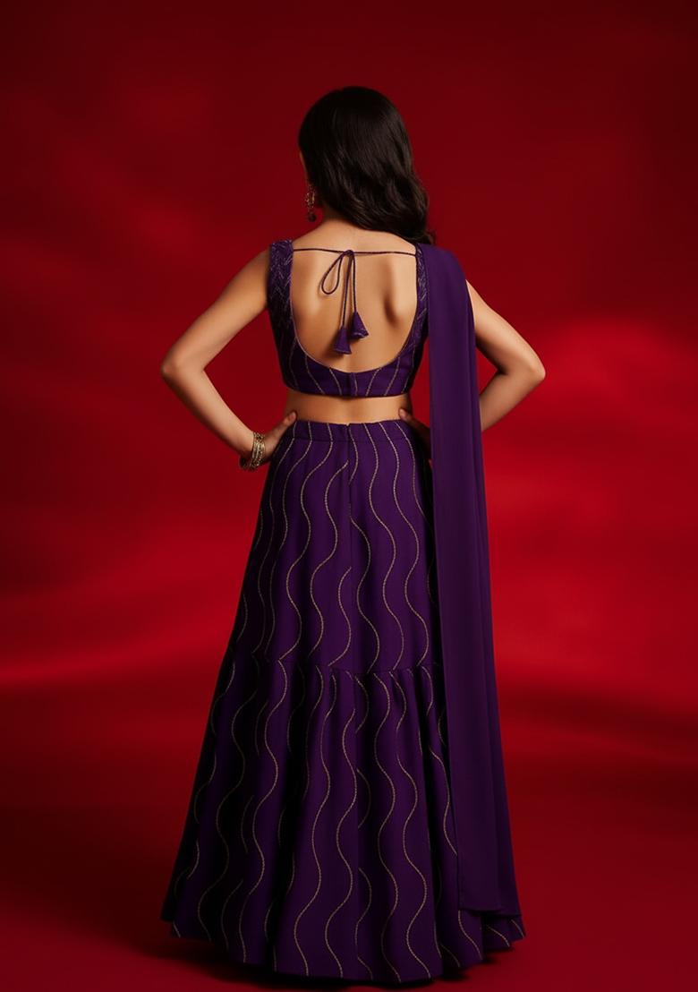 Girls Purple Embellished Organza Lehenga Set - Indya