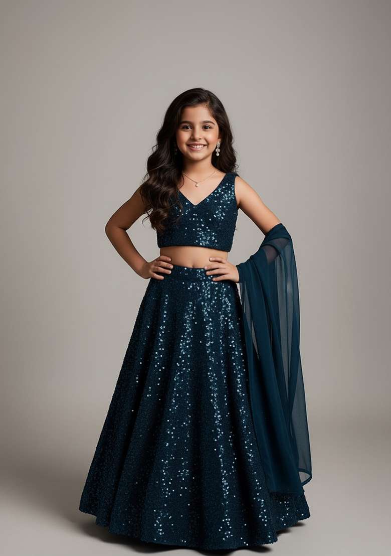 Girls Blue Embellished Net Lehenga Set - Indya