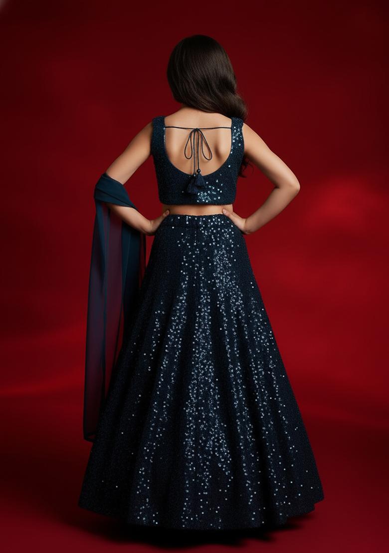 Girls Blue Embellished Net Lehenga Set - Indya