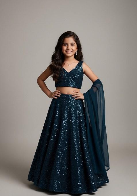 Girls Blue Embellished Net Lehenga Set