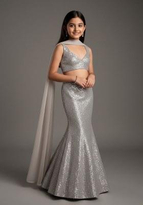 Girls Silver Embellished Net Lehenga Set