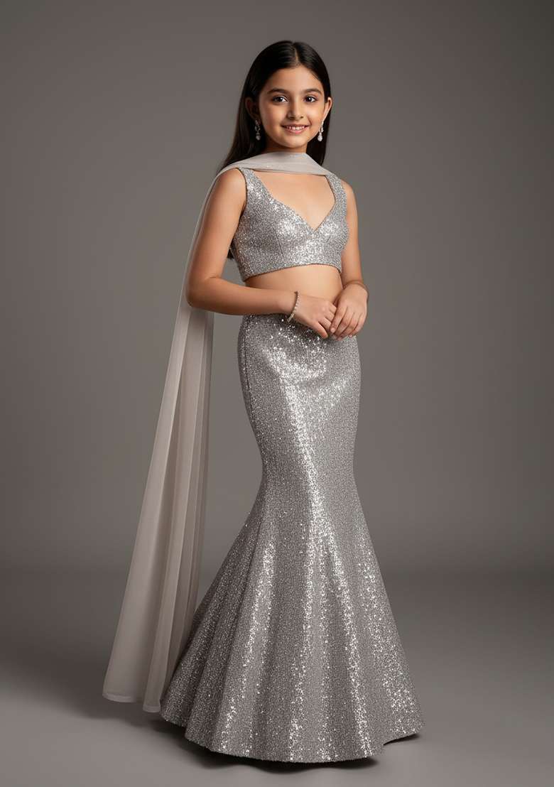 Girls Silver Embellished Net Lehenga Set - Indya