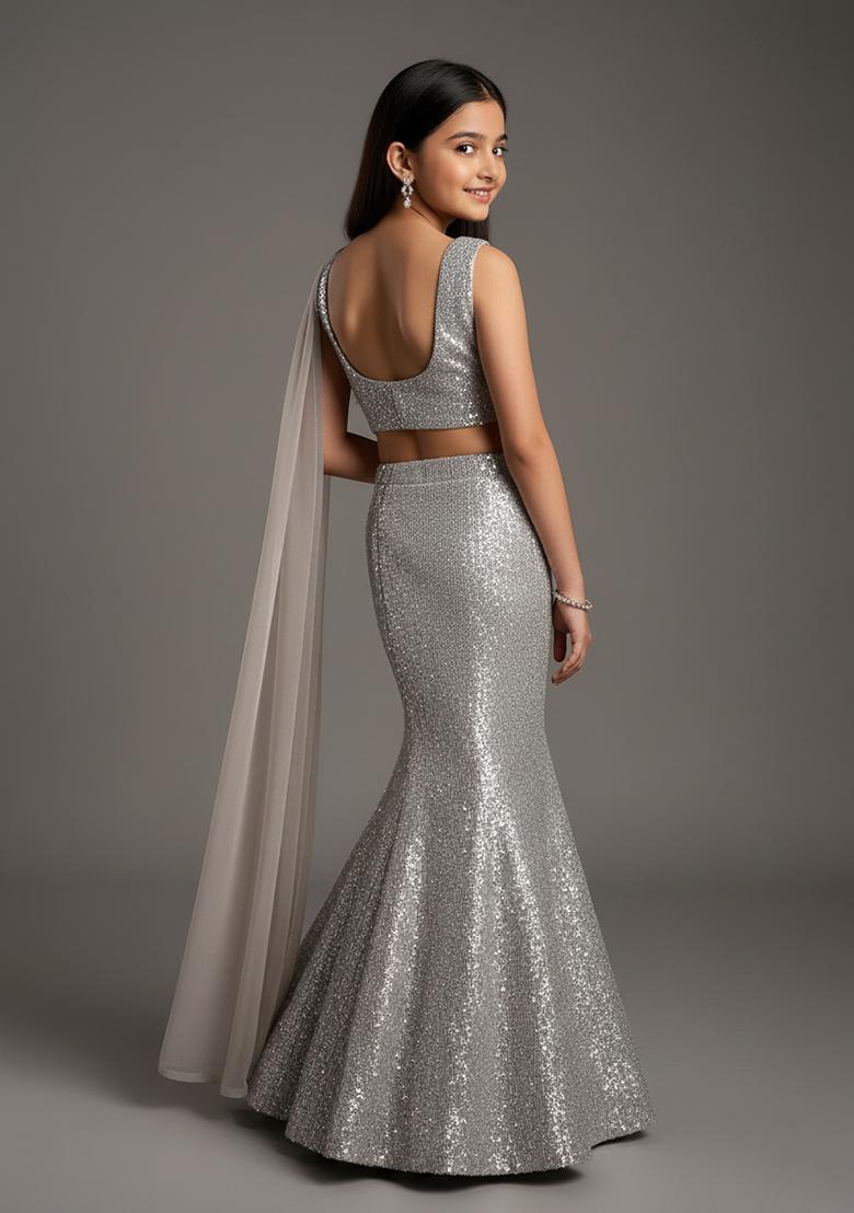 Girls Silver Embellished Net Lehenga Set - Indya