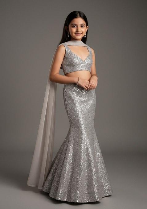 Girls Silver Embellished Net Lehenga Set