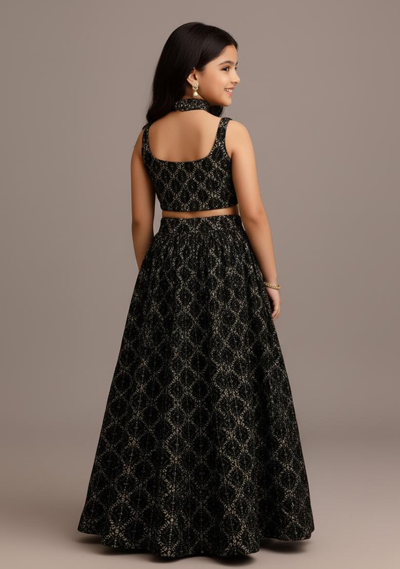 Girls Black Sequin Georgette Lehenga Set - Indya