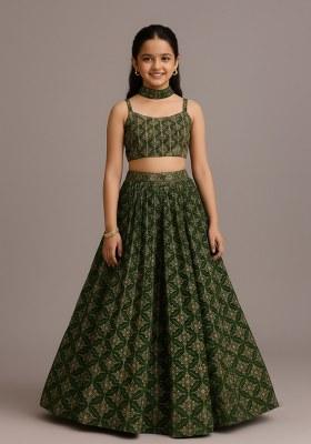 Girls Green Sequin Georgette Lehenga Set