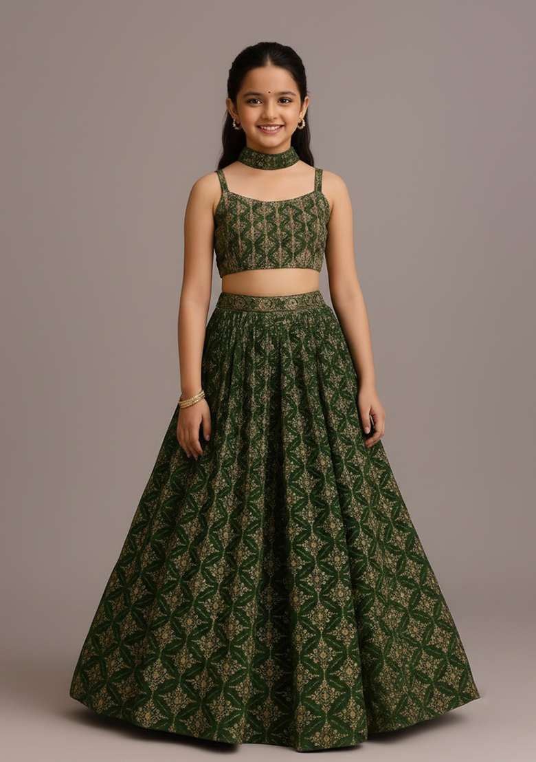 Girls Green Sequin Georgette Lehenga Set - Indya
