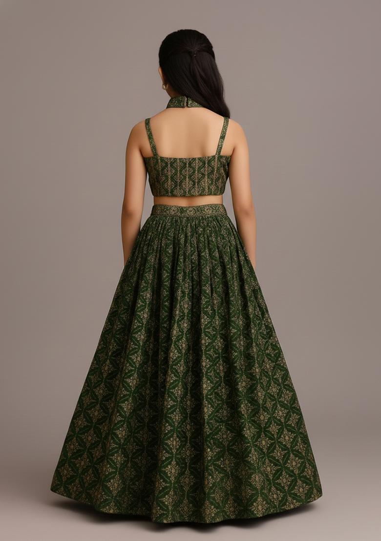 Girls Green Sequin Georgette Lehenga Set - Indya
