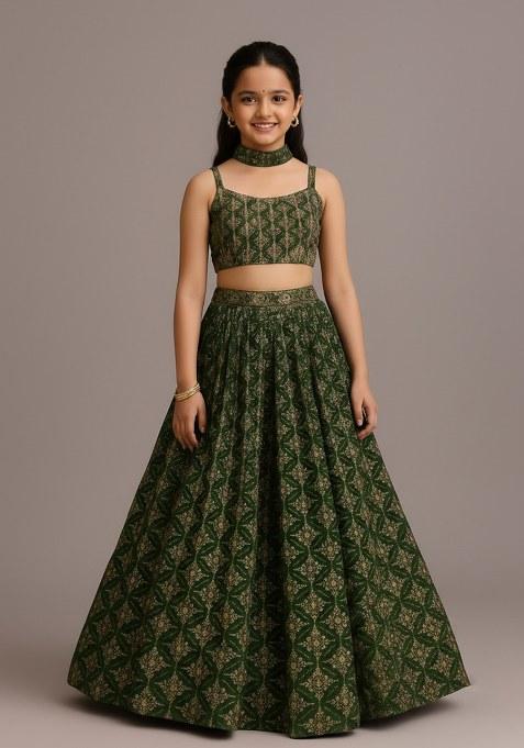 Girls Green Sequin Georgette Lehenga Set