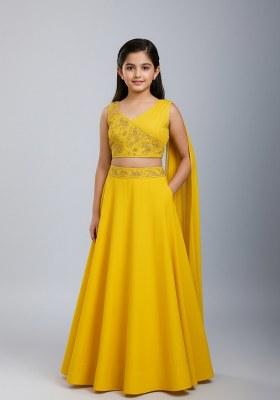 Girls Yellow Embellished Georgette Lehenga Set