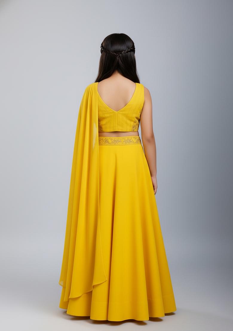 Girls Yellow Embellished Georgette Lehenga Set - Indya