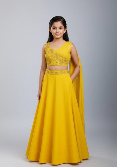 Girls Yellow Embellished Georgette Lehenga Set