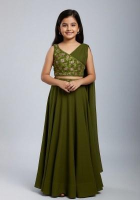 Girls Green Floral Print Georgette Lehenga Set
