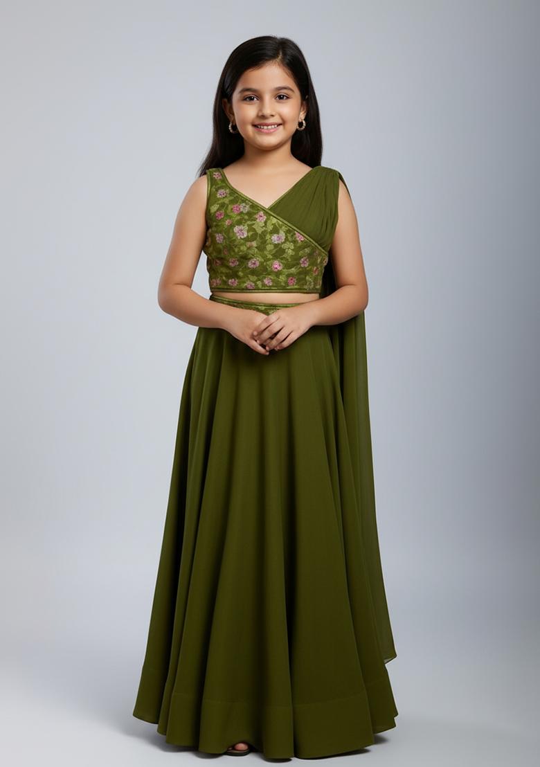 Girls Green Floral Print Georgette Lehenga Set
