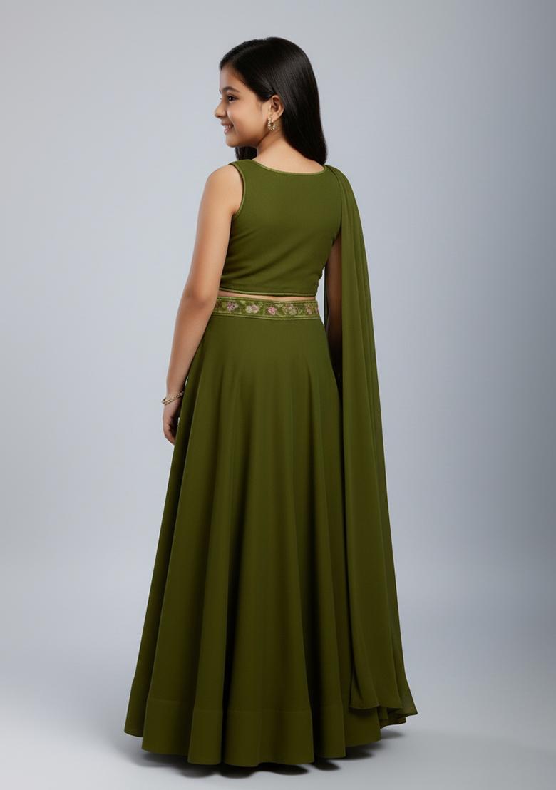 Girls Green Floral Print Georgette Lehenga Set - Indya