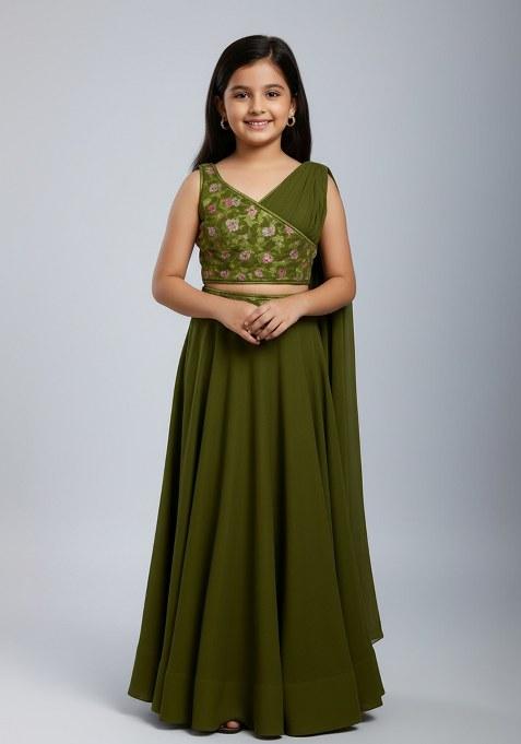 Girls Green Floral Print Georgette Lehenga Set