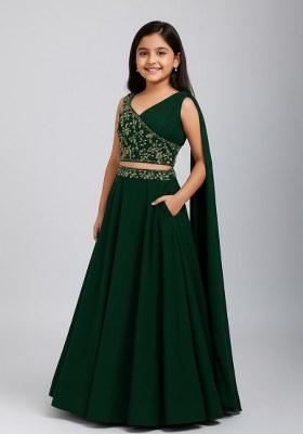 Girls Green Embroidered Georgette Lehenga Set